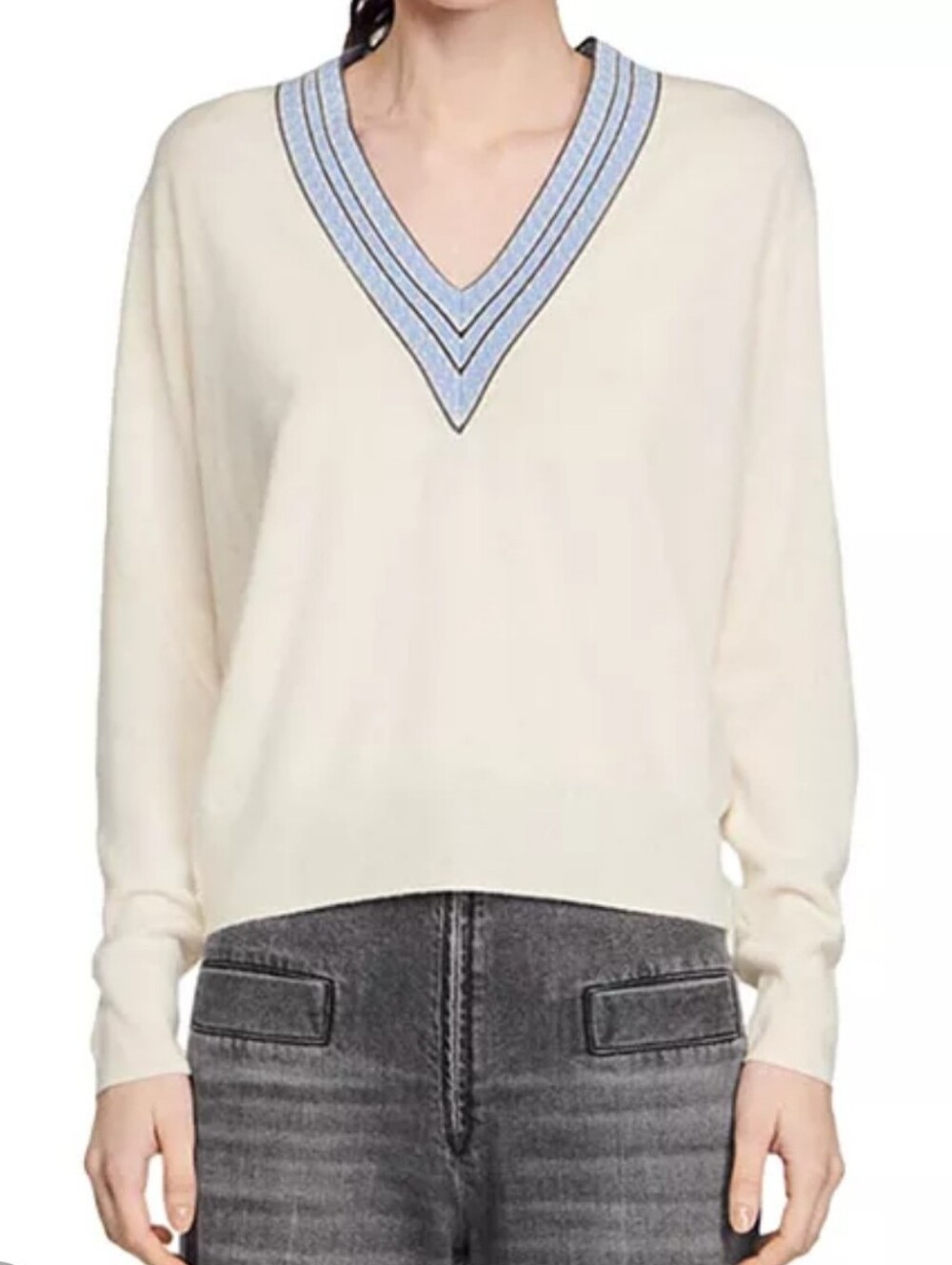 Sandro  Adiel Cream V-Neck Sweater with Blue Trim Cashmere/ Wool Size 1 = Small